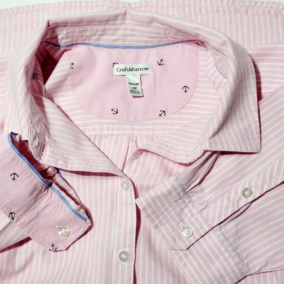 croft & barrow Tops - Croft & Barrow Nautical Button Down Pink/ White Pinstriped Long Sleeve Top (2X)